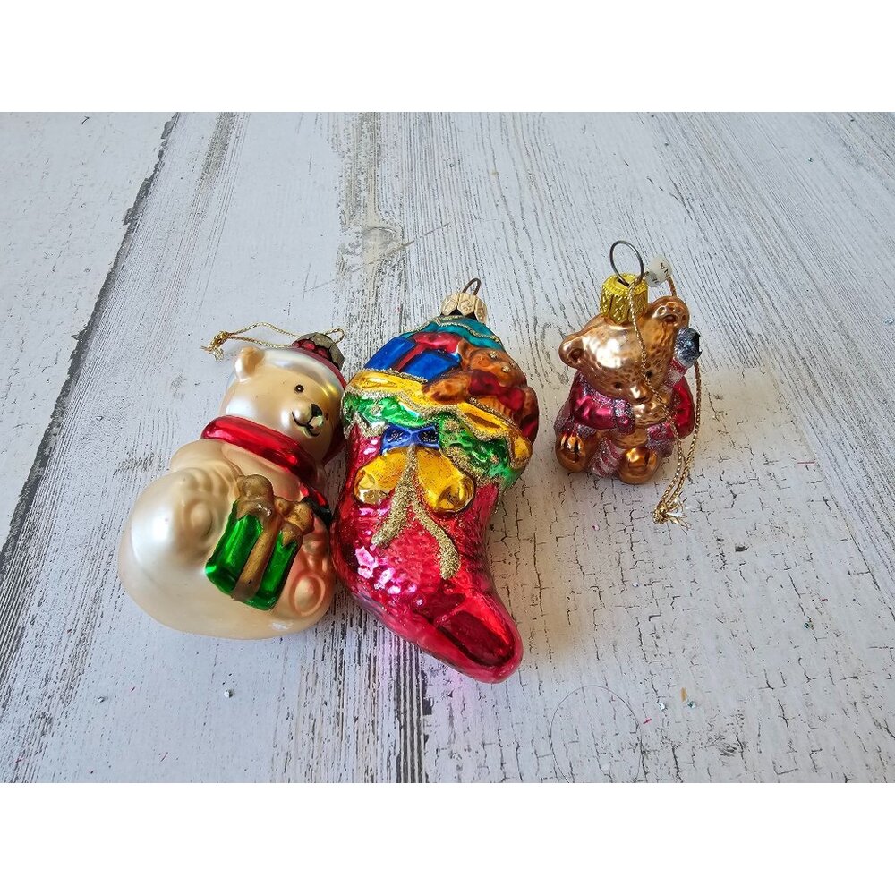 Vintage glass bear stocking ornament set presents glitter gold red Xmas tree‎